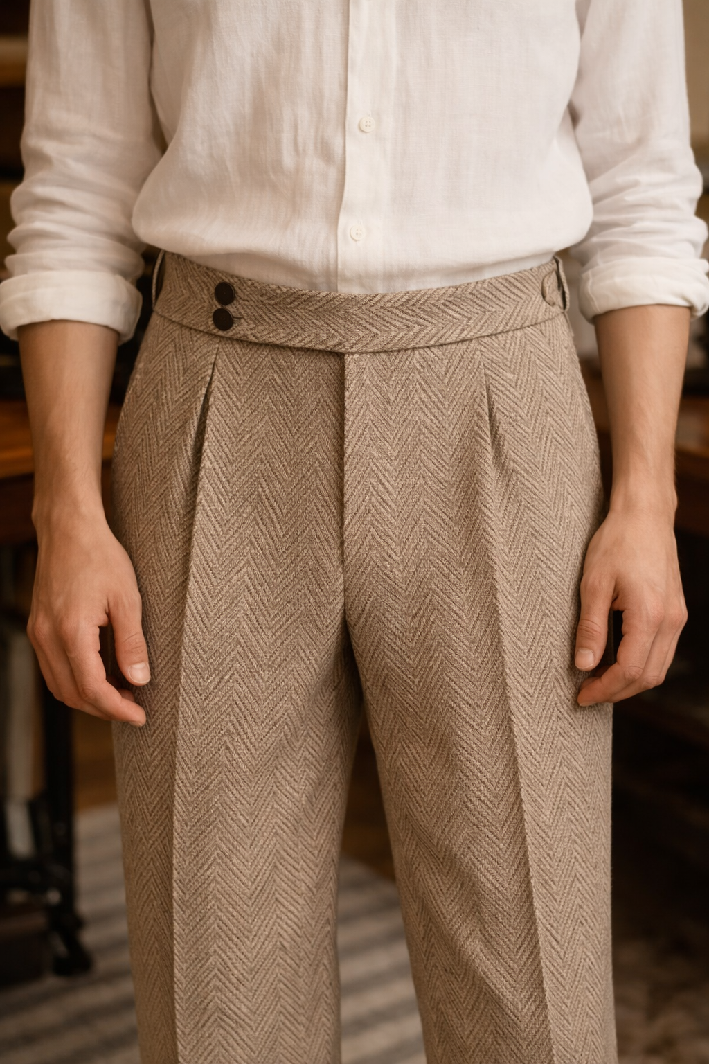 Men’s British Herringbone Wool Trousers – High-Waist Vintage Tailored Pants