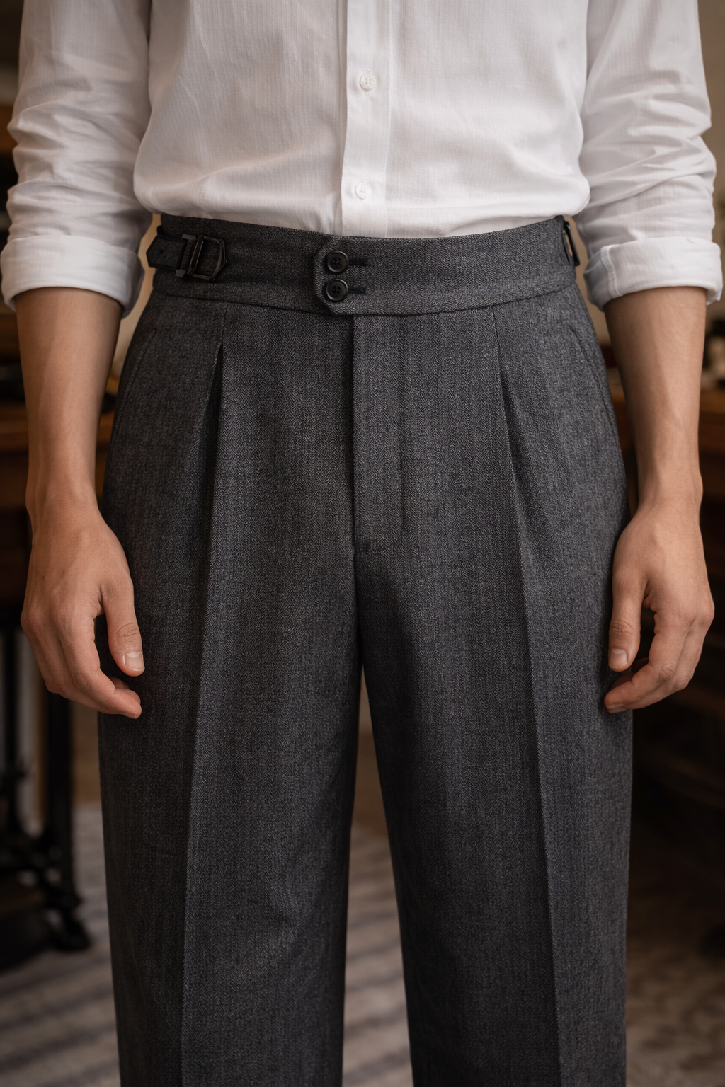Men’s British Herringbone Wool Trousers – High-Waist Vintage Tailored Pants