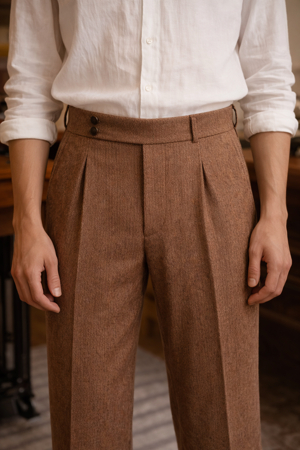Men’s British Herringbone Wool Trousers – High-Waist Vintage Tailored Pants