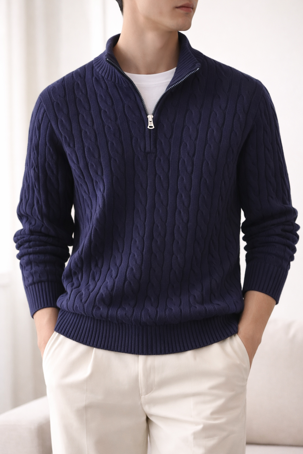 Men’s Half-Zip Cable-Knit Sweater, Autumn Pullover