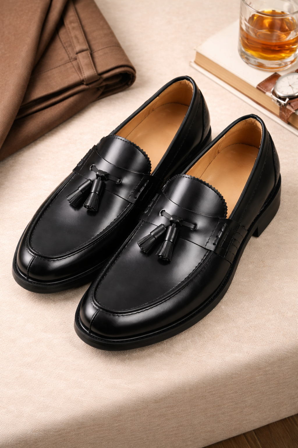 Men’s Elegant Leather Loafers in Genuine Calfskin – Classic Tassel Dress Shoes