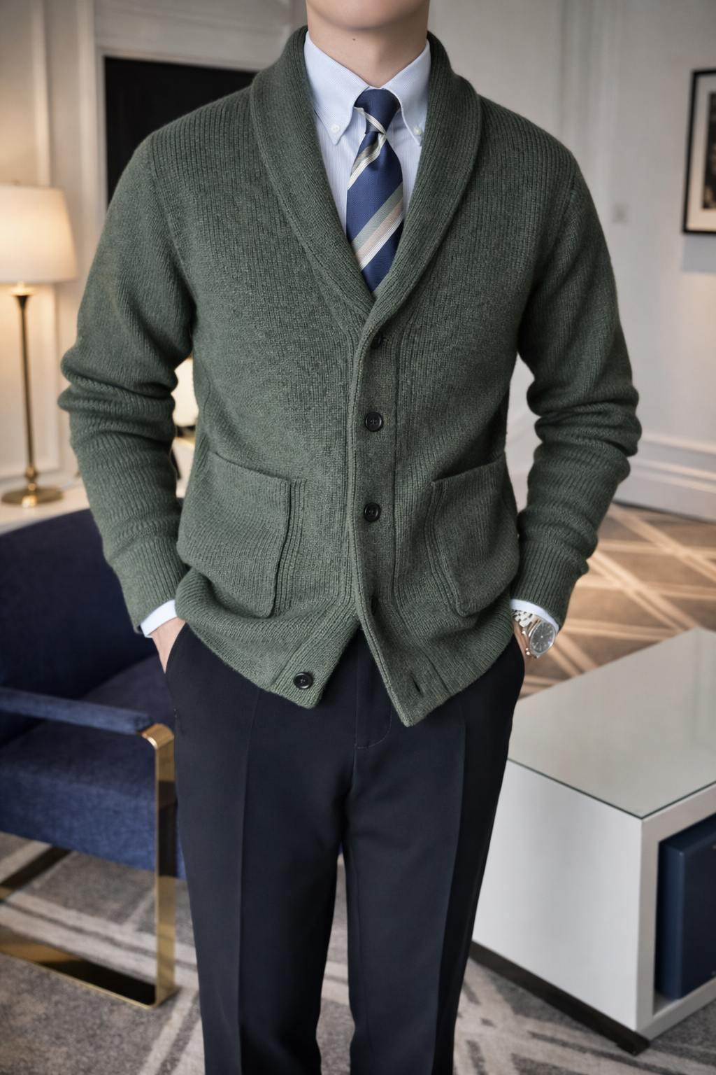 Men’s Old Money Cardigan Slim Fit – British Retro V-Neck Knitwear | Autumn Winter 2026