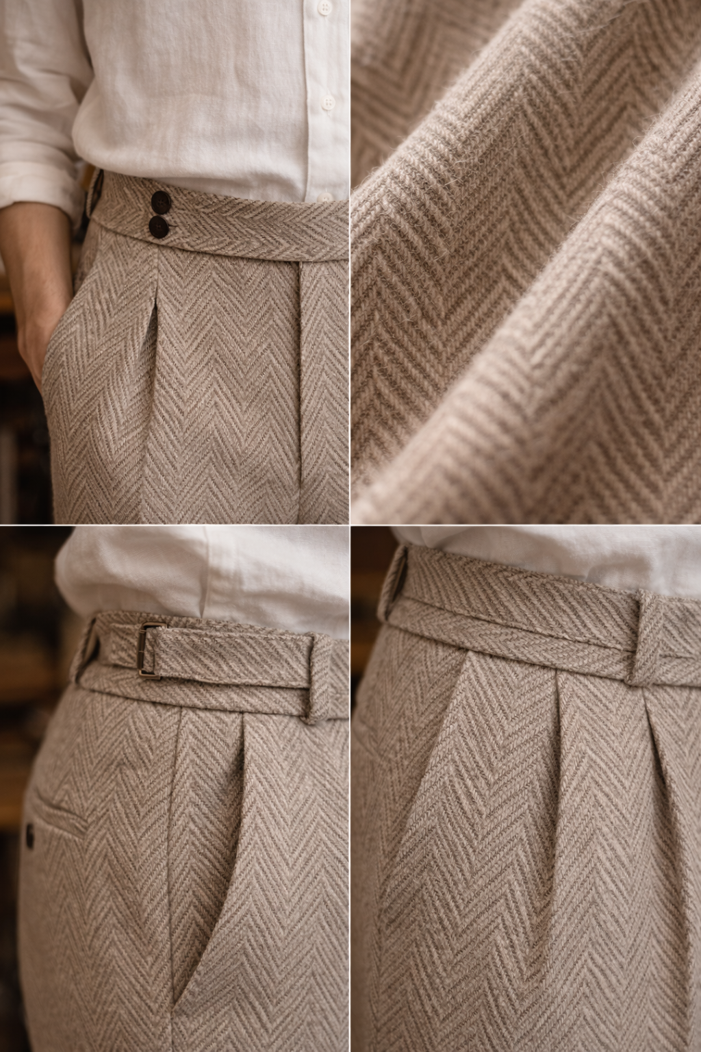 Men’s British Herringbone Wool Trousers – High-Waist Vintage Tailored Pants