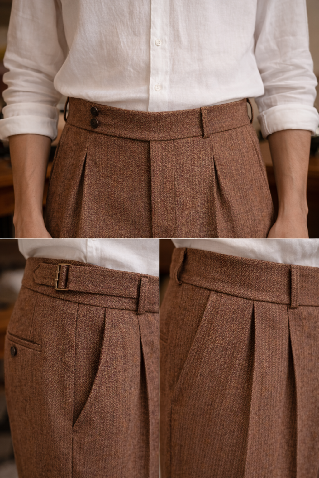 Men’s British Herringbone Wool Trousers – High-Waist Vintage Tailored Pants