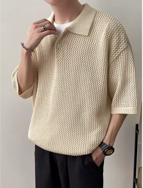 Sand-Colored Open-Knit Polo Shirt