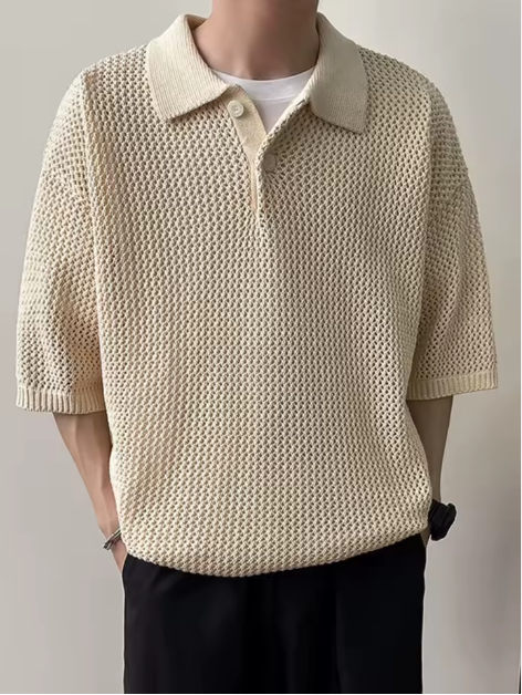 Sand-Colored Open-Knit Polo Shirt
